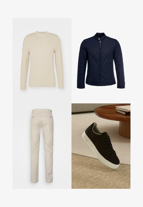 Mornarsko podloženo jakno z dvignjenim ovratnikom, polnim zadrgo in dvema stranskima žepoma. Material ima gladko teksturo s diamantnimi vzorci.; Pulover s kabelskim pletenjem v svetli kremni barvi. Ima okroglo ovratnik, dolge rokave, rebraste manšete in rob, ter teksturno površinsko vzorčenje.; Bež hlače z gladko teksturo, ravnega kroja, dvema zadnjima žepoma z gumbi in standardnim pasom.; Črni športni copat z belim podplatom lebdi nad bež teksturiranim preprogam blizu okroglega lesenega mize z zloženimi knjigami.