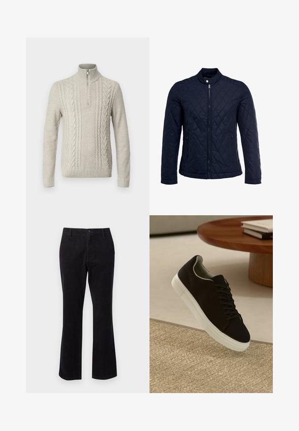 Mornarska jakna od ripsa s uzastopnim ovratnikom, punim prednjim zatvaračem i dva bočna džepa. Materijal ima glatku teksturu s dijamantnim uzorcima.; Svijetlo siva pletena majica s visokim ovratom i pola patent zatvaračem. Ima teksturirane uzorke s detaljima od pletenog užeta i rebrastim manžetama.; Crne kordura hlače s rasprostranjenim dnom, s prednjim zatvaranjem na gumbe i standardnim džepovima za praktičnost. Glatka tekstura s vertikalnim rebrastim uzorkom.; Crna tenisica s bijelim potplatom koja lebdi iznad bež teksturiranog tepiha pored okruglog drvenog stola sa složenim knjigama.