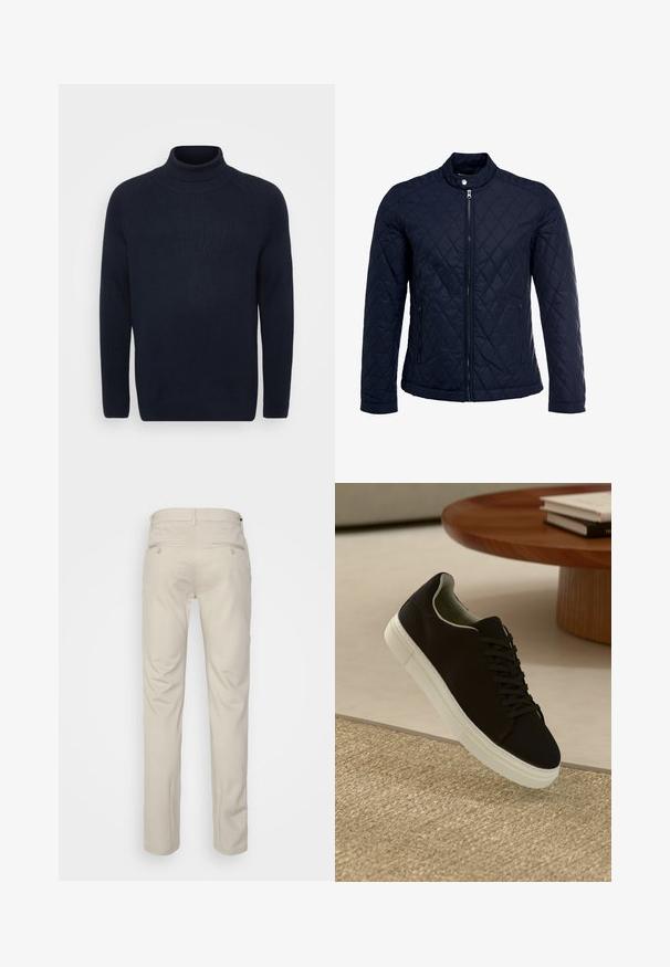 Marinefarbenes wattiertes Jackett mit Stehkragen, durchgehendem Reißverschluss und zwei seitlichen Taschen. Das Material hat eine glatte Textur mit Rautenmuster.; Jack & Jones JJPANNEL ROLL NECK - Strickpullover - navy; Beige Hosen mit glatter Textur, geradem Schnitt, zwei Gesäßtaschen mit Knöpfen und einem normalen Bund.; Schwarze Sneakers mit weißer Sohle, die über einem beige strukturierten Teppich schweben, in der Nähe eines runden Holztisches mit gestapelten Büchern.