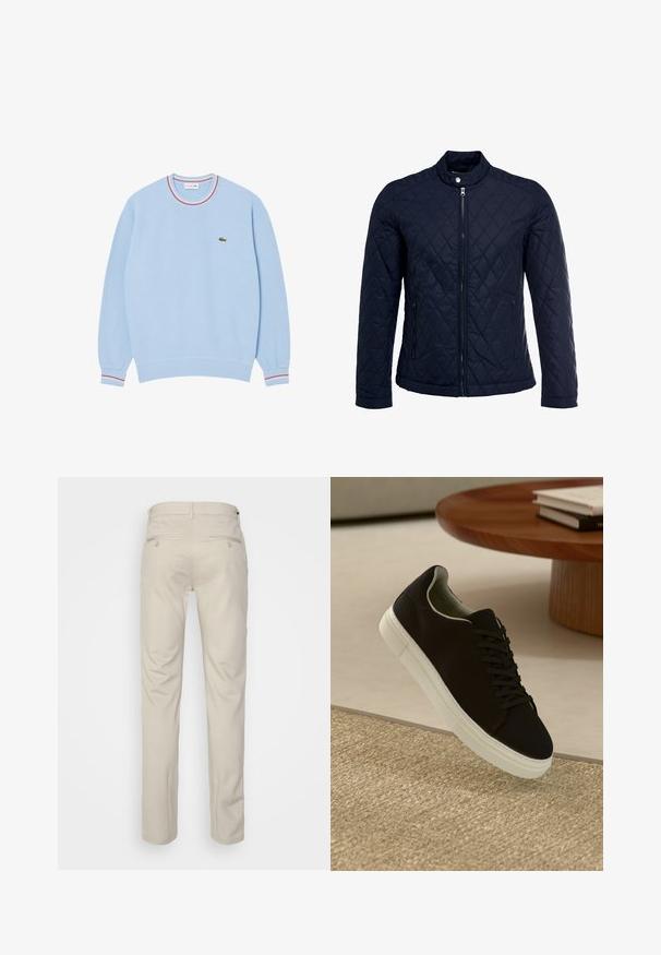 Marineblauwe gewatteerde jas met een staande kraag, volledige ritssluiting aan de voorkant en twee zijzakken. Materiaal heeft een gladde textuur met ruitpatronen.; Lichtblauwe sweatshirt met een ronde hals, ribgebreide mouwen en een meerkleurige gestreepte kraag. Bevat een klein groen logo op de borst.; Beige broek met een gladde textuur, rechte snit, twee achterzakken met knopen en een standaard tailleband.; Zwarte sneaker met witte zool die boven een beige gestructureerd tapijt zweeft, nabij een ronde houten tafel met gestapelde boeken.