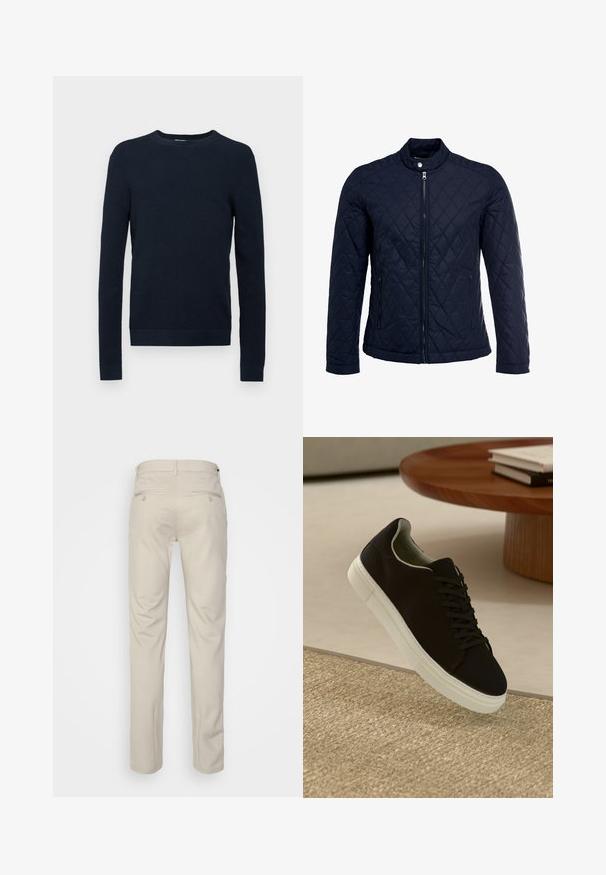 Tengerész kék steppelt dzseki, állógallérral, teljes előlapi cipzárral és két oldalsó zsebbel. Az anyag sima textúrájú, gyémánt mintázattal.; Sötétkék, hosszúujjú pulóver, texturált kötésmintával, bordás mandzsettákkal és szegéllyel, kerek nyakkivágással. Nincsenek látható logók vagy díszítések.; Beige nadrág sima felülettel, egyenes szabással, két gombos hátsó zsebbel és normál derékrésszel.; Fekete sneakers fehér talppal lebeg egy bézs textúrájú szőnyeg felett, egy kerek fából készült asztal közelében, rajta egymásra pakolt könyvekkel.