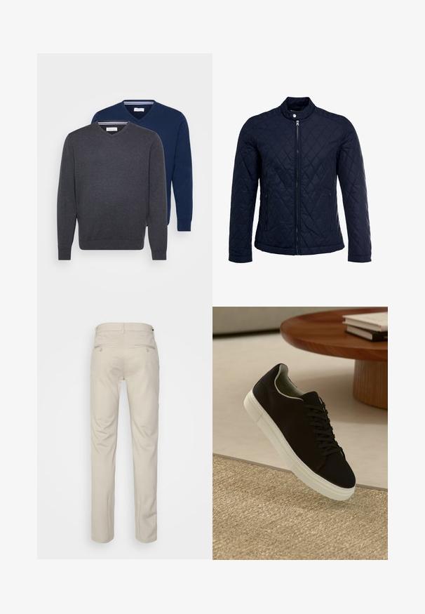 Mornarsko podloženo jakno z dvignjenim ovratnikom, polnim zadrgo in dvema stranskima žepoma. Material ima gladko teksturo s diamantnimi vzorci.; Dva puloverja z v-izrezom v temno sivi in mornarski modri barvi, izdelana iz mehkega blaga z rebrastimi manšeti in črtastim detajlom znotraj izreza.; Bež hlače z gladko teksturo, ravnega kroja, dvema zadnjima žepoma z gumbi in standardnim pasom.; Črni športni copat z belim podplatom lebdi nad bež teksturiranim preprogam blizu okroglega lesenega mize z zloženimi knjigami.