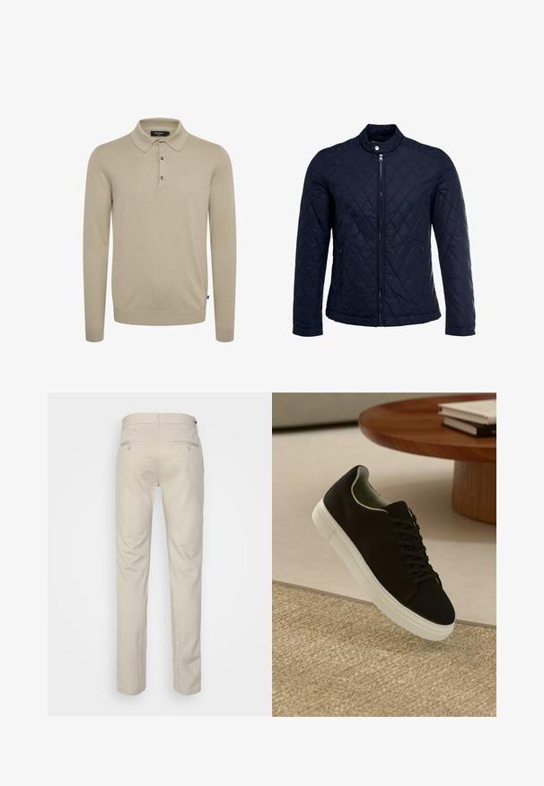 Navy quilted jacket featuring a stand-up collar, full front zip, and two side pockets. Material has a smooth texture with diamond patterns.; Long-sleeve polo shirt in light beige knit fabric, featuring a classic collar, three-button placket, and ribbed cuffs.; Beige trousers with a smooth texture, straight cut, two back pockets with buttons, and a standard waistband.; Black sneaker with white sole floating above beige textured rug near round wooden table with stacked books.
