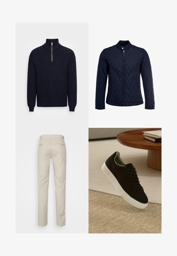 Veste matelassée bleu marine avec col montant, fermeture éclair sur le devant et deux poches latérales. Le matériau a une texture lisse avec des motifs en losange.; Pull en maille bleu marine avec col haut et fermeture zippée mi-hauteur. Présente une texture côtelée et une coupe décontractée au niveau de l'ourlet et des poignets.; Pantalon beige avec une texture lisse, coupe droite, deux poches arrière avec boutons, et une taille standard.; Baskets noires avec semelle blanche flottant au-dessus d'un tapis texturé beige, près d'une table en bois ronde avec des livres empilés.
