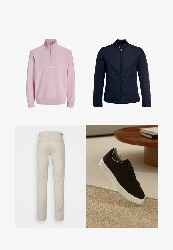 Navy quilted jacket featuring a stand-up collar, full front zip, and two side pockets. Material has a smooth texture with diamond patterns.; Pink pullover sweatshirt with a quarter-zip collar, ribbed cuffs, and a white logo text on the chest. Soft fabric, relaxed fit.; Beige trousers with a smooth texture, straight cut, two back pockets with buttons, and a standard waistband.; Black sneaker with white sole floating above beige textured rug near round wooden table with stacked books.