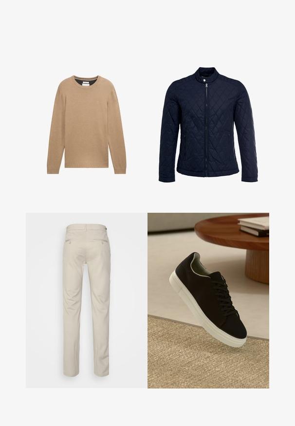 Veste matelassée bleu marine avec col montant, fermeture éclair sur le devant et deux poches latérales. Le matériau a une texture lisse avec des motifs en losange.; Pull en tricot beige avec un col rond, des manches longues et des poignets et un ourlet côtelés. Présente un petit logo sur la poitrine.; Pantalon beige avec une texture lisse, coupe droite, deux poches arrière avec boutons, et une taille standard.; Baskets noires avec semelle blanche flottant au-dessus d'un tapis texturé beige, près d'une table en bois ronde avec des livres empilés.
