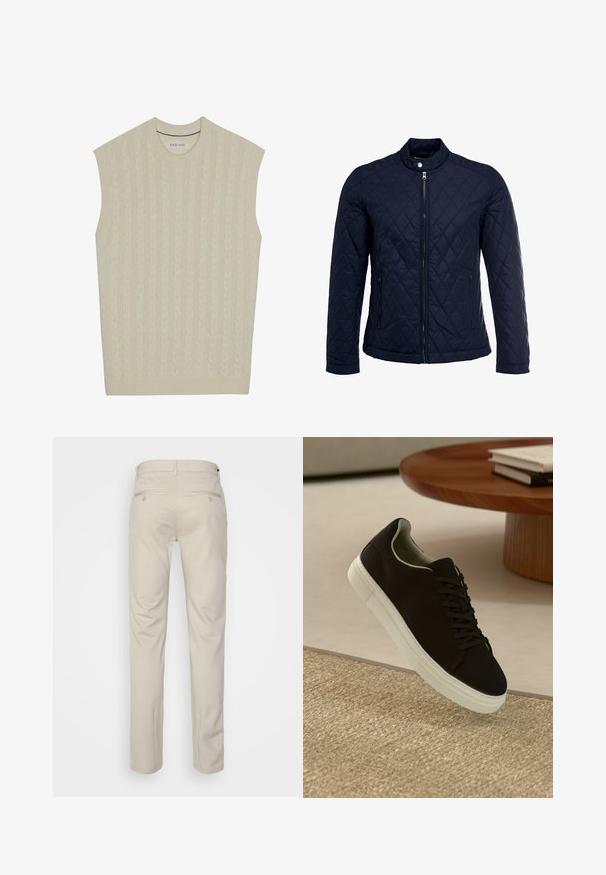 Mornarsko podloženo jakno z dvignjenim ovratnikom, polnim zadrgo in dvema stranskima žepoma. Material ima gladko teksturo s diamantnimi vzorci.; Bež brezrokavnik iz pletenine z vrsto kabelskih vzorcev. Ima rebrast okrogel izrez in rob. Mehak na dotik in lahek dizajn.; Bež hlače z gladko teksturo, ravnega kroja, dvema zadnjima žepoma z gumbi in standardnim pasom.; Črni športni copat z belim podplatom lebdi nad bež teksturiranim preprogam blizu okroglega lesenega mize z zloženimi knjigami.