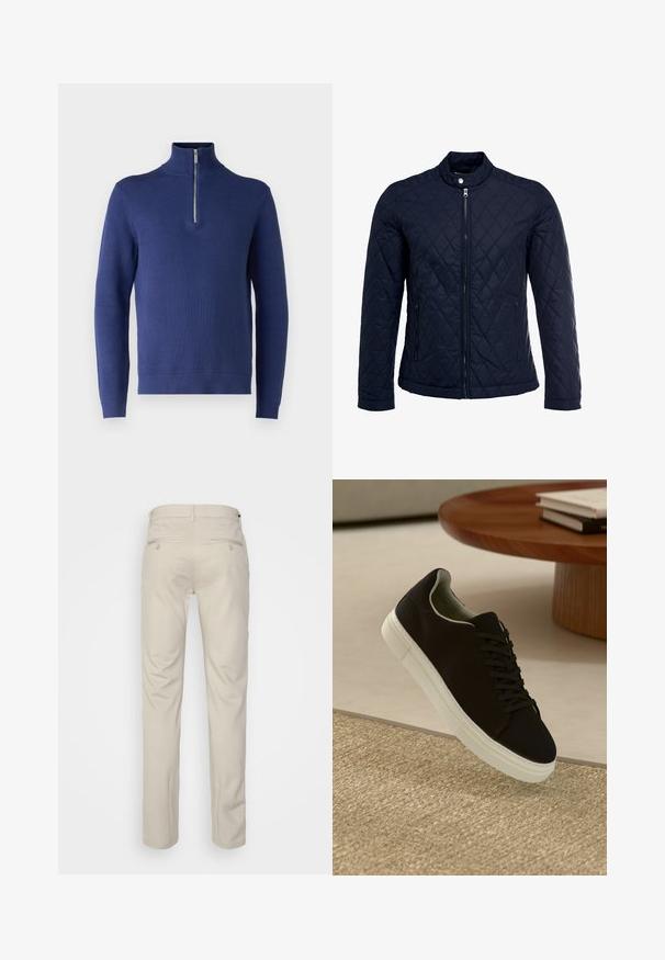 Μπλε τζάκετ με κουβέρτα, χαρακτηρισμένο με όρθιο γιακά, πλήρη μπροστινό φερμουάρ και δύο πλάγιες τσέπες. Το υλικό έχει λεία υφή με διαμαντόσχημα μοτίβα.; Σκούρο μπλε πουλόβερ με ψηλό γιακά και μισό φερμουάρ, με υφασμάτινο σχέδιο και ριμπ ύφανση στα μανίκια και το στρίφωμα.; Μπεζ παντελόνι με ομαλή υφή, ίσια γραμμή, δύο πίσω τσέπες με κουμπιά και κανονική μέση.; Μαύρο αθλητικό παπούτσι με λευκή σόλα που αιωρείται πάνω από μπεζ υφή χαλιού κοντά σε στρογγυλό ξύλινο τραπέζι με στοίβες βιβλίων.
