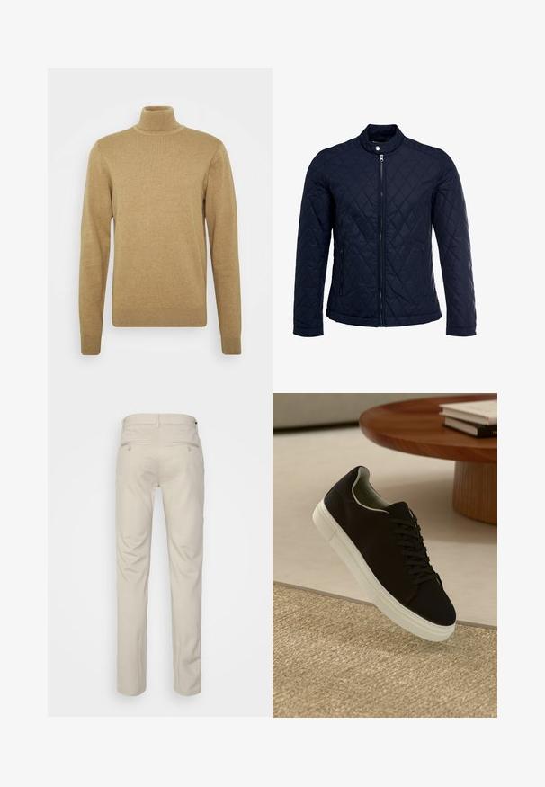 Chaqueta acolchada de color navy que cuenta con un cuello alzado, cierre frontal completo y dos bolsillos laterales. El material tiene una textura suave con patrones en forma de rombo.; Suéter beige de cuello alto realizado en suave tejido de punto. Presenta mangas largas y un diseño ajustado. Detalles de ribete en el dobladillo y el cuello.; Pantalones beiges con una textura suave, corte recto, dos bolsillos traseros con botones y una cinturilla estándar.; Zapatilla negra con suela blanca flotando sobre una alfombra texturizada beige cerca de una mesa redonda de madera con libros apilados.