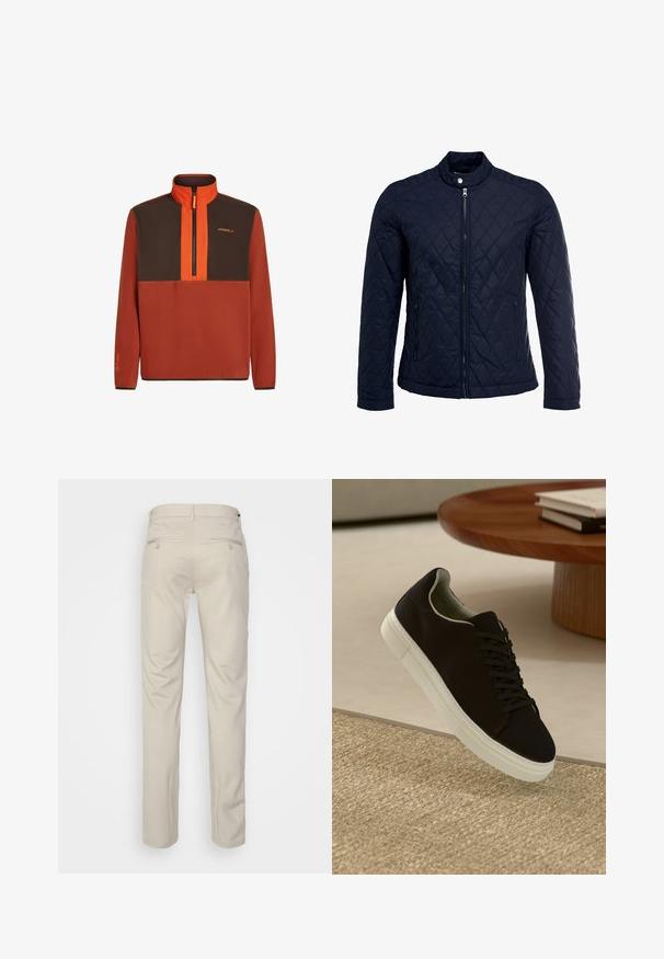 Marineblauwe gewatteerde jas met een staande kraag, volledige ritssluiting aan de voorkant en twee zijzakken. Materiaal heeft een gladde textuur met ruitpatronen.; Fleece pullover in gebrandrode oranje met bruine panelen, kwart-rits voorkant, hoge kraag en logo-detail. Glad textuur en lange mouwen.; Beige broek met een gladde textuur, rechte snit, twee achterzakken met knopen en een standaard tailleband.; Zwarte sneaker met witte zool die boven een beige gestructureerd tapijt zweeft, nabij een ronde houten tafel met gestapelde boeken.
