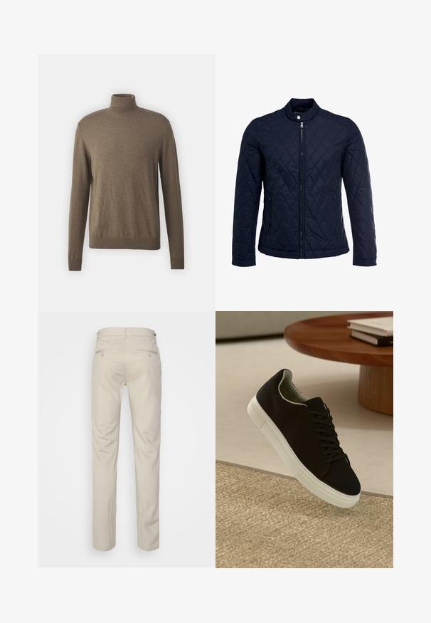 Mornarsko podloženo jakno z dvignjenim ovratnikom, polnim zadrgo in dvema stranskima žepoma. Material ima gladko teksturo s diamantnimi vzorci.; Rjav pulover z visokim ovratnikom, izdelan iz mehkega materiala, z dolgimi rokavi, rebrastim ovratnikom in robom ter gladko, enakomerno teksturo.; Bež hlače z gladko teksturo, ravnega kroja, dvema zadnjima žepoma z gumbi in standardnim pasom.; Črni športni copat z belim podplatom lebdi nad bež teksturiranim preprogam blizu okroglega lesenega mize z zloženimi knjigami.