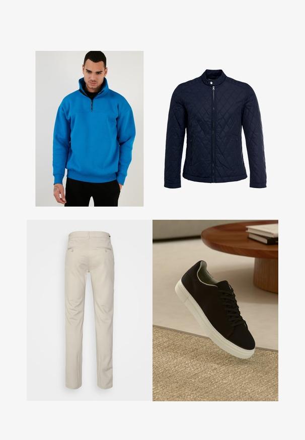 Tengerész kék steppelt dzseki, állógallérral, teljes előlapi cipzárral és két oldalsó zsebbel. Az anyag sima textúrájú, gyémánt mintázattal.; Kék polár pulóver félig cipzáros gallérral, hosszú ujjal és bordázott mandzsettával. Simább érzetű anyag és laza szabás jellemzi.; Beige nadrág sima felülettel, egyenes szabással, két gombos hátsó zsebbel és normál derékrésszel.; Fekete sneakers fehér talppal lebeg egy bézs textúrájú szőnyeg felett, egy kerek fából készült asztal közelében, rajta egymásra pakolt könyvekkel.