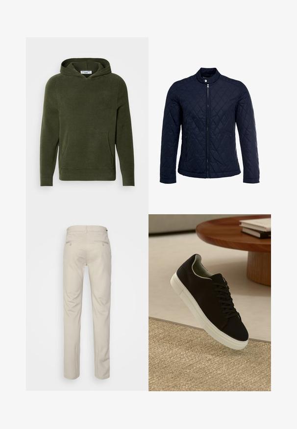 Navy quilted jacket featuring a stand-up collar, full front zip, and two side pockets. Material has a smooth texture with diamond patterns.; Olive green hooded sweatshirt with a ribbed texture, front pocket, and long sleeves. Simple design with no visible graphics or accents.; Beige trousers with a smooth texture, straight cut, two back pockets with buttons, and a standard waistband.; Black sneaker with white sole floating above beige textured rug near round wooden table with stacked books.