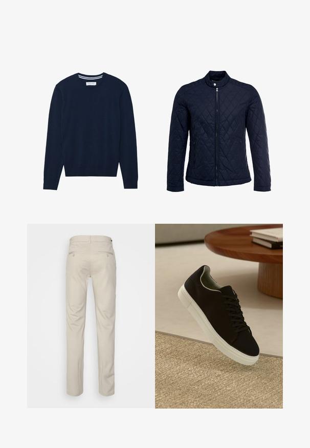 Marinefarbenes wattiertes Jackett mit Stehkragen, durchgehendem Reißverschluss und zwei seitlichen Taschen. Das Material hat eine glatte Textur mit Rautenmuster.; Dunkelblauer Strickpullover mit Rundhalsausschnitt, langen Ärmeln und gerippten Bündchen. Verfügt über ein kontrastierendes Streifendetail am Kragen.; Beige Hosen mit glatter Textur, geradem Schnitt, zwei Gesäßtaschen mit Knöpfen und einem normalen Bund.; Schwarze Sneakers mit weißer Sohle, die über einem beige strukturierten Teppich schweben, in der Nähe eines runden Holztisches mit gestapelten Büchern.