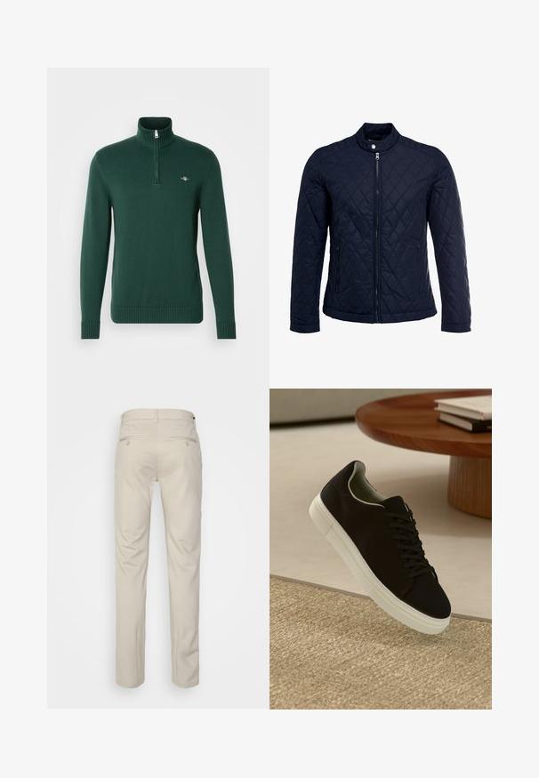 Tengerész kék steppelt dzseki, állógallérral, teljes előlapi cipzárral és két oldalsó zsebbel. Az anyag sima textúrájú, gyémánt mintázattal.; GANT CASUAL HALF ZIP - Pulóver - tartan green; Beige nadrág sima felülettel, egyenes szabással, két gombos hátsó zsebbel és normál derékrésszel.; Fekete sneakers fehér talppal lebeg egy bézs textúrájú szőnyeg felett, egy kerek fából készült asztal közelében, rajta egymásra pakolt könyvekkel.