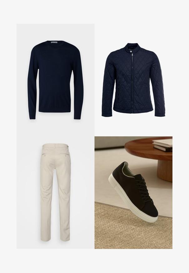 Marineblå quiltet jakke med stått krage, hel frontglidelås og to sidelommer. Materialet har en glatt tekstur med diamantmønster.; Marine crew neck genser, lange ermer, strikket materiale, glatt tekstur, tettsittende i midjen og mansjettene, uten synlige mønstre eller metalldeler.; Beige bukser med en glat tekstur, lige snit, to baglommer med knapper og en standard talje.; Svart sneakers med hvit såle som svever over en beige teksturert teppe nær et rundt trebord med stablede bøker.