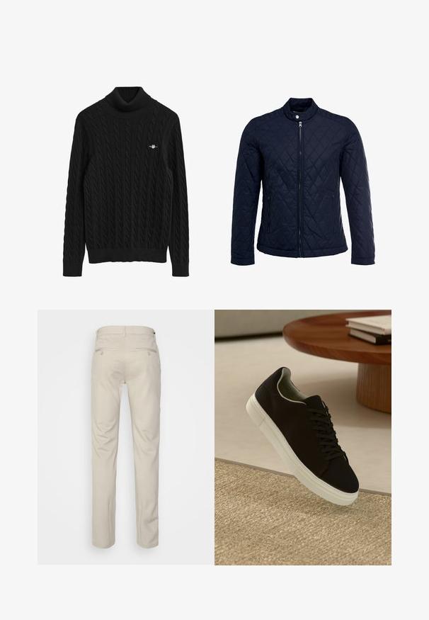 Μπλε τζάκετ με κουβέρτα, χαρακτηρισμένο με όρθιο γιακά, πλήρη μπροστινό φερμουάρ και δύο πλάγιες τσέπες. Το υλικό έχει λεία υφή με διαμαντόσχημα μοτίβα.; Μαύρο πουλόβερ με κοντό λαιμό, πλεκτό με καλή υφή, με ραμμένα μανίκια και τελείωμα. Διαθέτει υφαντό σχέδιο και μικρό λογότυπο στο στήθος.; Μπεζ παντελόνι με ομαλή υφή, ίσια γραμμή, δύο πίσω τσέπες με κουμπιά και κανονική μέση.; Μαύρο αθλητικό παπούτσι με λευκή σόλα που αιωρείται πάνω από μπεζ υφή χαλιού κοντά σε στρογγυλό ξύλινο τραπέζι με στοίβες βιβλίων.