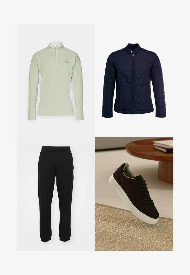 Jachetă matlasată de culoare bleumarin, cu guler în picioare, fermoar pe întreaga lungime și două buzunare laterale. Materialul are o textură netedă, cu modele în diamant.; Pulover din fleece verde deschis cu guler înalt și fermoar pe jumătate. Are panouri laterale albe și un logo mic pe piept. Textură moale.; Pantaloni de sport negri dintr-un amestec de bumbac, cu talie elastică, picioare taperate și manșete ribbate la glezne. Design simplu, fără modele.; Pantof din material textil negru, cu talpă albă, plutind deasupra unui covor texturat bej, lângă o masă rotundă din lemn cu cărți stivuite.