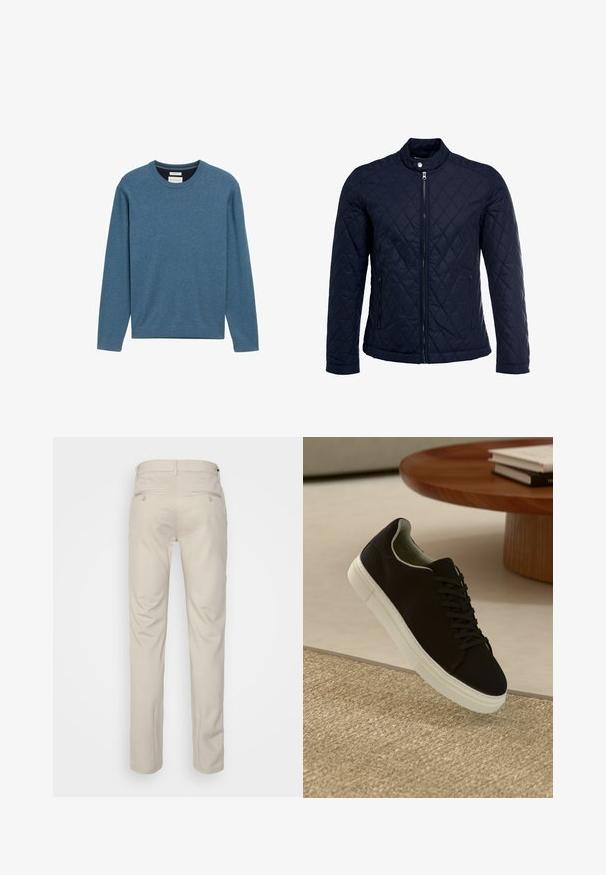 Mörkblå vadderad jacka med ståkrage, fullständig dragkedja framtill och två sidofickor. Tyget har en slät yta med diamantmönster.; Blå crewneck tröja i mjuk bomull, med långa ärmar, ribbad mudd och nederkant, samt en liten logodetalj på framsidan.; Beige byxor med en slät textur, rak passform, två bakfickor med knappar och standard midja.; Svart sneakers med vit sula svävande över en beige texturerad matta nära ett runt träbord med staplade böcker.