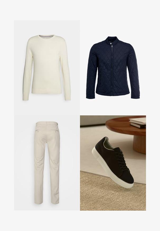 Marinefarbenes wattiertes Jackett mit Stehkragen, durchgehendem Reißverschluss und zwei seitlichen Taschen. Das Material hat eine glatte Textur mit Rautenmuster.; Cremefarbener Rundhals-Pullover mit langen Ärmeln, gerippten Bündchen und Saum. Hergestellt aus weichem Strickstoff ohne Muster oder Verzierungen.; Beige Hosen mit glatter Textur, geradem Schnitt, zwei Gesäßtaschen mit Knöpfen und einem normalen Bund.; Schwarze Sneakers mit weißer Sohle, die über einem beige strukturierten Teppich schweben, in der Nähe eines runden Holztisches mit gestapelten Büchern.