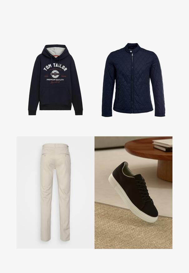 Tamsiai mėlynas užsegamas dubliažinis švarkas su stovinčiu apykakliu, visiškai užtraukiamas priekyje, ir dviem šoninėmis kišenėmis. Medžiaga turi lygią tekstūrą su deimantiniais raštais.; Tamsiai mėlynas džemperis su gobtuvu, pagamintas iš medvilnės mišinio, su pilku gobtuvo pamušalu, priekinė kišenė ir balta/raudona grafika ant krūtinės. Ribbinguoti rankogaliai ir apačia.; Bežinės kelnės su lygia tekstūra, tiesiu pjūviu, dviem užpakalinėmis kišenėmis su sagomis ir standartine juosmena.; Juodas sportinis batelis su baltu padu, lekiančius virš smėlio spalvos tekstūruoto kilimo šalia apvalaus medinio stalo su sukrautomis knygomis.