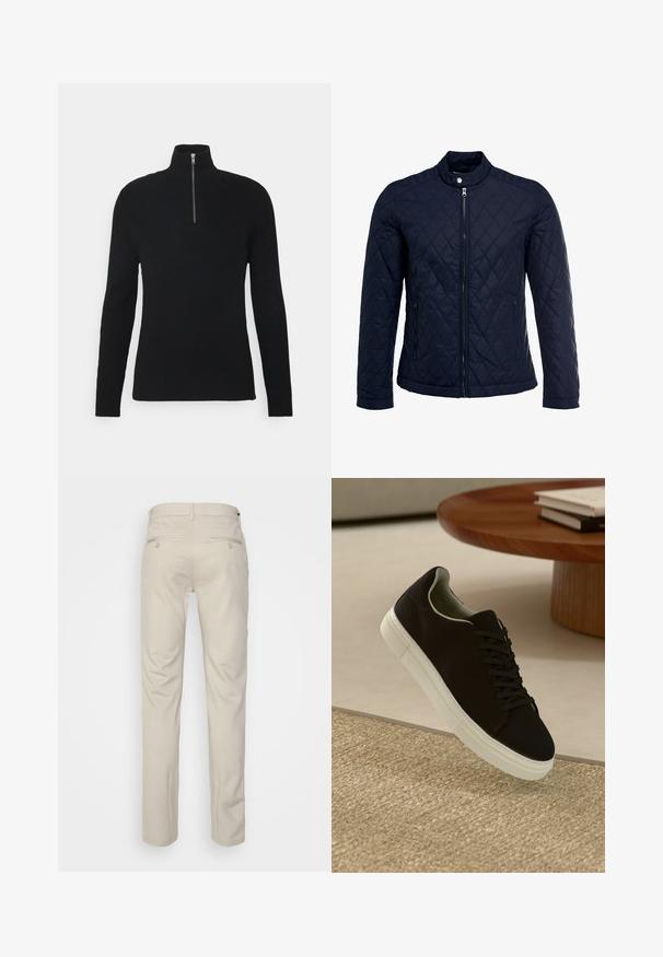 Chaqueta acolchada de color navy que cuenta con un cuello alzado, cierre frontal completo y dos bolsillos laterales. El material tiene una textura suave con patrones en forma de rombo.; Jersey de cuello alto negro acanalado, con cierre de cuarto de cremallera, mangas largas y una tela texturizada para dar más dimensión.; Pantalones beiges con una textura suave, corte recto, dos bolsillos traseros con botones y una cinturilla estándar.; Zapatilla negra con suela blanca flotando sobre una alfombra texturizada beige cerca de una mesa redonda de madera con libros apilados.