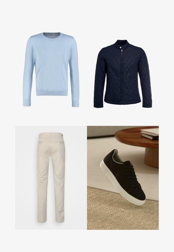 Casaco acolchoado azul-marinho com gola elevada, fecho de correr à frente e dois bolsos laterais. O material tem uma textura suave com padrões de diamante.; Sweater de manga longa azul claro com decote redondo. Apresenta uma textura suave e punhos e bainha canelados. Design clássico ajustado.; Calças bege com uma textura suave, corte reto, dois bolsos traseiros com botões e uma cintura padrão.; Sneaker preto com sola branca flutuando acima de um tapete texturizado bege, perto de uma mesa redonda de madeira com livros empilhados.