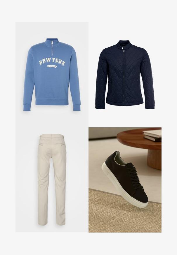 Mornarsko podloženo jakno z dvignjenim ovratnikom, polnim zadrgo in dvema stranskima žepoma. Material ima gladko teksturo s diamantnimi vzorci.; Modra dukserica z visokim ovratnikom in zadrgo, s belim, ukrivljenim napisom "NEW YORK" in oznako "SCHOTT" spredaj. Mehka tekstura.; Bež hlače z gladko teksturo, ravnega kroja, dvema zadnjima žepoma z gumbi in standardnim pasom.; Črni športni copat z belim podplatom lebdi nad bež teksturiranim preprogam blizu okroglega lesenega mize z zloženimi knjigami.