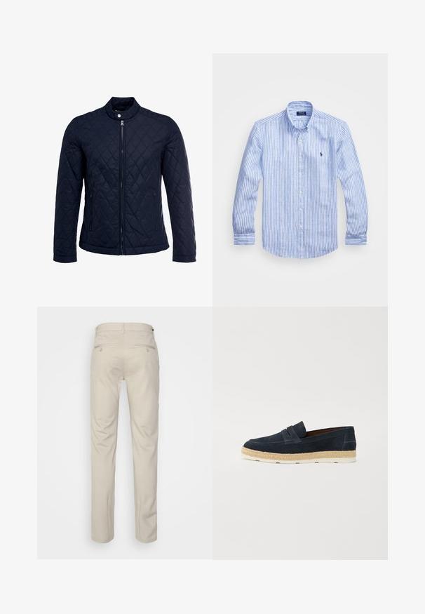 Marinefarbenes wattiertes Jackett mit Stehkragen, durchgehendem Reißverschluss und zwei seitlichen Taschen. Das Material hat eine glatte Textur mit Rautenmuster.; Blau-weißer gestreifter Langarmshirt aus Baumwolle mit einem Button-Down-Kragen, Frontknöpfen und einem kleinen gestickten Logo auf der Brust.; Beige Hosen mit glatter Textur, geradem Schnitt, zwei Gesäßtaschen mit Knöpfen und einem normalen Bund.; Marineblaue Wildleder-Slipper mit einer leichten weißen Gummisohle und geflochtenen Jutedetails am Rand; glatte Textur und schlichtes Design.