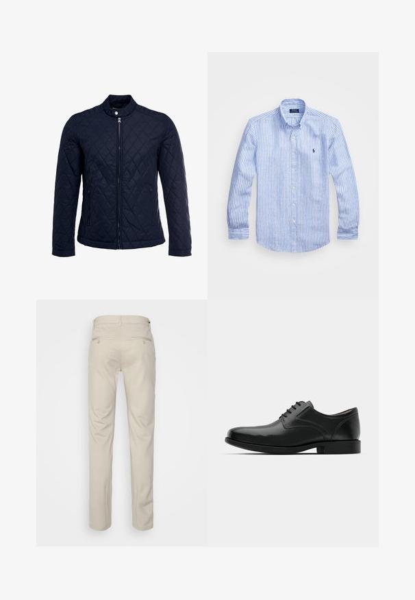 Chaqueta acolchada de color navy que cuenta con un cuello alzado, cierre frontal completo y dos bolsillos laterales. El material tiene una textura suave con patrones en forma de rombo.; Camisa de manga larga a rayas azul y blanca hecha de algodón, con cuello de botón, botones en el frente y un pequeño logo bordado en el pecho.; Pantalones beiges con una textura suave, corte recto, dos bolsillos traseros con botones y una cinturilla estándar.; Zapato de vestir de piel negra con acabado brillante, punta redondeada, diseño con cordones, costuras contrastantes y un tacón bajo de goma.