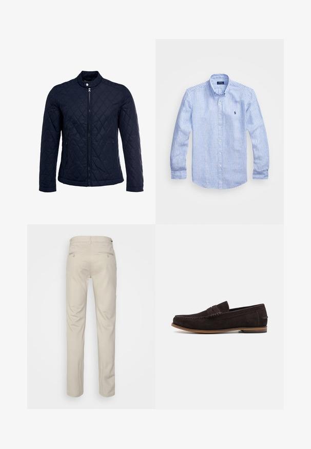 Marineblå quiltet jakke med ståkrave, fuld lynlås foran og to sidelommer. Materialet har en glat tekstur med diamantmønstre.; Blå og hvid stribet langærmet skjorte lavet af bomuld, med knap-ned krave, frontknapper og et lille broderet logo på brystet.; Beige bukser med en glat overflade, lige snit, to baglommer med knapper og en standard talje.; Mørkebrun ruskinds loafers med rund tå, tekstureret overflade og lys brun gummisål. Har en dekorativ rem over vorderen.