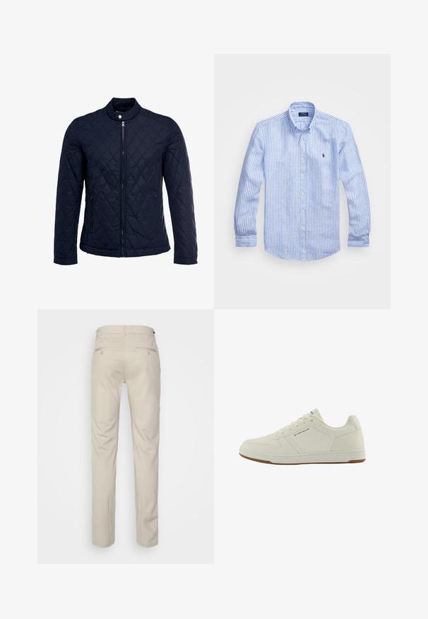 Mörkblå vadderad jacka med ståkrage, fullständig dragkedja framtill och två sidofickor. Tyget har en slät yta med diamantmönster.; Blå och vit randig långärmad skjorta i bomull, med en knapp ner-krage, framknappar och en liten broderad logotyp på bröstet.; Beige byxor med en slät textur, rak passform, två bakfickor med knappar och standard midja.; Vit sneakers med en slät syntetisk ovandel, rund tå och snörning. Har perforeringar för andningsförmåga och en sula av gummin.