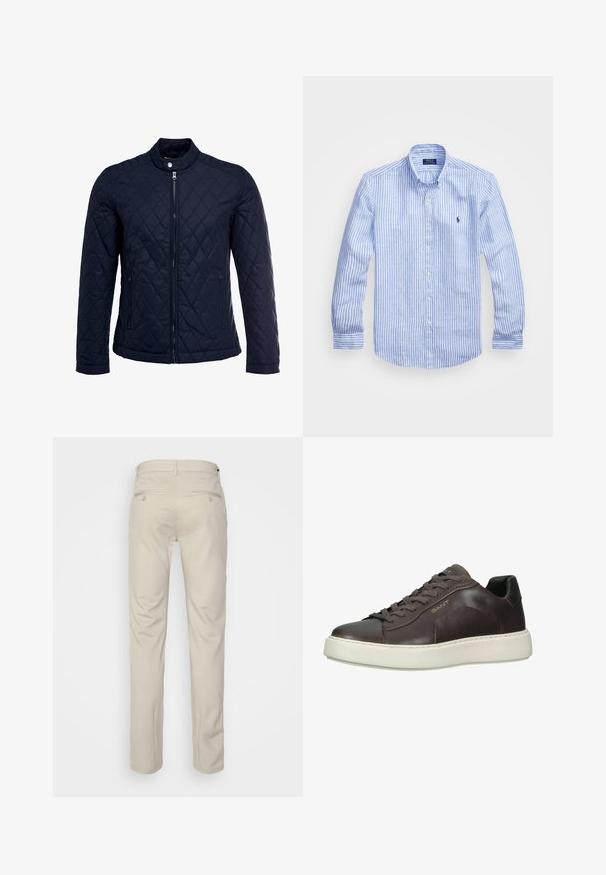 Marineblå quiltet jakke med stått krage, hel frontglidelås og to sidelommer. Materialet har en glatt tekstur med diamantmønster.; Blå og hvit stripete langermet skjorte laget av bomull, med knappekrage, frontknapper og en liten brodert logo på brystet.; Beige bukser med en glat tekstur, lige snit, to baglommer med knapper og en standard talje.; Brune lærersneakers med rund tå, kontrasterende hvit gummisåle, snøring og gulllogo aksent på siden.