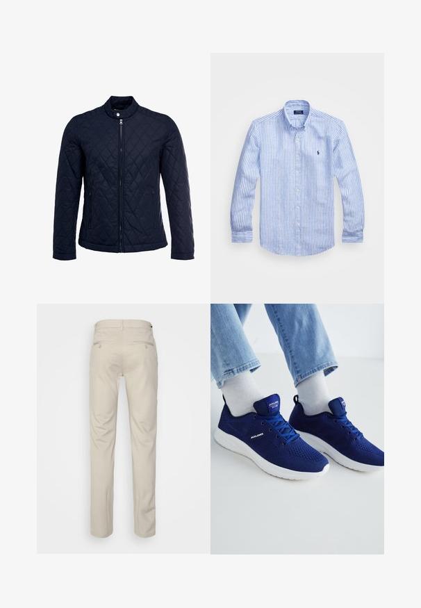 Navy quilted jacket featuring a stand-up collar, full front zip, and two side pockets. Material has a smooth texture with diamond patterns.; Blue and white striped long-sleeve shirt made of cotton, featuring a button-down collar, front buttons, and a small embroidered logo on the chest.; Beige trousers with a smooth texture, straight cut, two back pockets with buttons, and a standard waistband.; Jack & Jones JFWCROXLEY - Trainers - medieval blue
