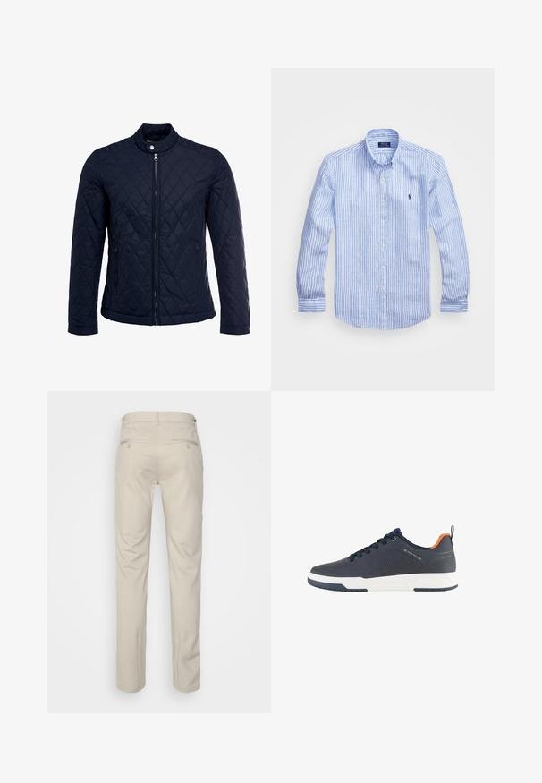 Giacca trapuntata blu navy con colletto alto, zip frontale completa e due tasche laterali. Il materiale ha una texture liscia con motivi a rombi.; Camicia a maniche lunghe a righe bianche e blu in cotone, con colletto button-down, bottoni frontali e un piccolo logo ricamato sul petto.; Pantaloni beige con una texture liscia, taglio dritto, due tasche posteriori con bottoni e vita standard.; Sneaker blu navy con tomaia testurizzata, suola bianca, perforazioni circolari e dettagli arancioni sul tallone. Caratterizzato da un design di allacciatura sicuro.