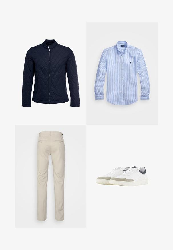 Granatowa pikowana kurtka z stojącym kołnierzem, pełnym zamkiem błyskawicznym i dwoma bocznymi kieszeniami. Materiał ma gładką teksturę z diamentowym wzorem.; Niebiesko-biała, w paski, koszula z długim rękawem, wykonana z bawełny, z kołnierzykiem zapinanym na guziki, guzikami z przodu oraz małym haftowanym logo na klatce piersiowej.; Beżowe spodnie o gładkiej fakturze, prostym kroju, z dwiema tylnymi kieszeniami z guzikami i standardowym pasem.; Białe sneakersy z teksturowanej siateczki i szarym zamszowym noskiem. Posiadają ciemnoniebieski akcent na pięcie oraz grubą gumową podeszwę z rowkami.