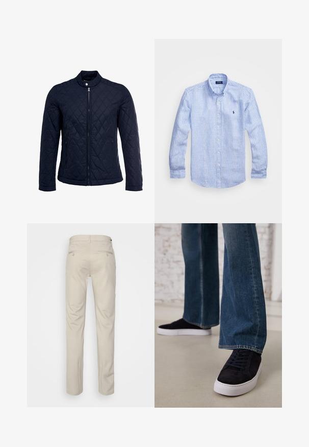 Navy quilted jacket featuring a stand-up collar, full front zip, and two side pockets. Material has a smooth texture with diamond patterns.; Blue and white striped long-sleeve shirt made of cotton, featuring a button-down collar, front buttons, and a small embroidered logo on the chest.; Beige trousers with a smooth texture, straight cut, two back pockets with buttons, and a standard waistband.; Dark blue suede sneakers with a white rubber sole and laces, paired with wide-leg denim jeans in a medium blue wash.