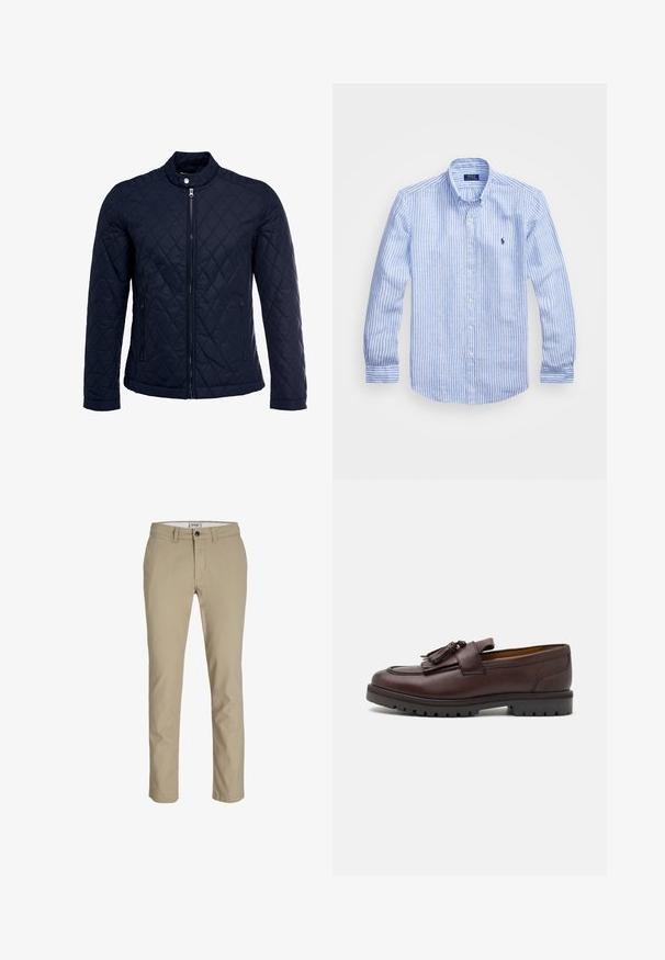 Námořnická prošívaná bunda s vysokým límcem, plným zipem a dvěma bočními kapsami. Materiál má hladkou texturu s diamantovým vzorem.; Modrá a bílá pruhovaná košile s dlouhým rukávem vyrobená z bavlny, s límcem na knoflíky, předními knoflíky a malým vyšitým logem na hrudi.; Béžové bavlněné kalhoty slim fit s předním zipem, knoflíkovým zapínáním a čtyřmi kapsami. Hladká textura, bez vzorů nebo akcentů.; Zign Elegantní nazouvací boty - brown