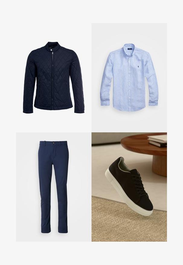 Navy quilted jacket featuring a stand-up collar, full front zip, and two side pockets. Material has a smooth texture with diamond patterns.; Blue and white striped long-sleeve shirt made of cotton, featuring a button-down collar, front buttons, and a small embroidered logo on the chest.; Navy blue trousers made of smooth fabric, featuring a straight-leg design, a zip fly, and a single front pocket with a button closure.; Black sneaker with white sole floating above beige textured rug near round wooden table with stacked books.