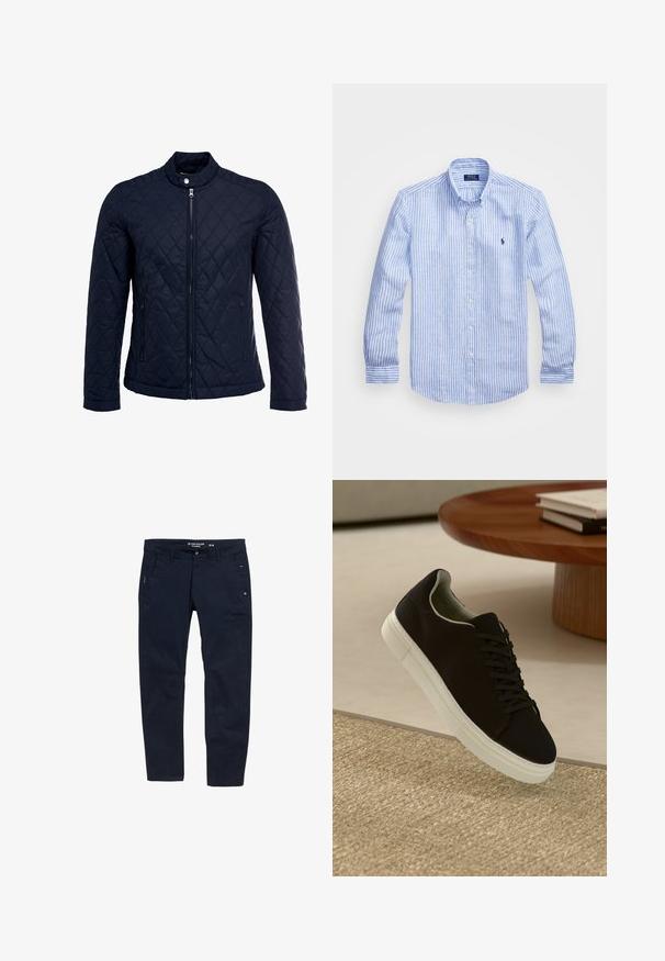 Μπλε τζάκετ με κουβέρτα, χαρακτηρισμένο με όρθιο γιακά, πλήρη μπροστινό φερμουάρ και δύο πλάγιες τσέπες. Το υλικό έχει λεία υφή με διαμαντόσχημα μοτίβα.; Μπλε και λευκή ριγέ μακρυμάνικη μπλούζα από βαμβάκι, με κλασικό γιακά, εμπρόσθια κουμπιά και ένα μικρό κεντημένο λογότυπο στο στήθος.; Μπλε παντελόνι από βαμβάκι με ίσια γραμμή. Διαθέτει δύο πλαϊνές τσέπες και κλείσιμο με κουμπί. Μινιμαλιστικός σχεδιασμός με λεπτές λεπτομέρειες.; Μαύρο αθλητικό παπούτσι με λευκή σόλα που αιωρείται πάνω από μπεζ υφή χαλιού κοντά σε στρογγυλό ξύλινο τραπέζι με στοίβες βιβλίων.
