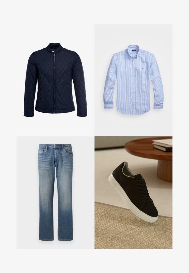 Μπλε τζάκετ με κουβέρτα, χαρακτηρισμένο με όρθιο γιακά, πλήρη μπροστινό φερμουάρ και δύο πλάγιες τσέπες. Το υλικό έχει λεία υφή με διαμαντόσχημα μοτίβα.; Μπλε και λευκή ριγέ μακρυμάνικη μπλούζα από βαμβάκι, με κλασικό γιακά, εμπρόσθια κουμπιά και ένα μικρό κεντημένο λογότυπο στο στήθος.; TOM TAILOR MARVIN - Straight leg jeans - clean mid stone blue denim; Μαύρο αθλητικό παπούτσι με λευκή σόλα που αιωρείται πάνω από μπεζ υφή χαλιού κοντά σε στρογγυλό ξύλινο τραπέζι με στοίβες βιβλίων.