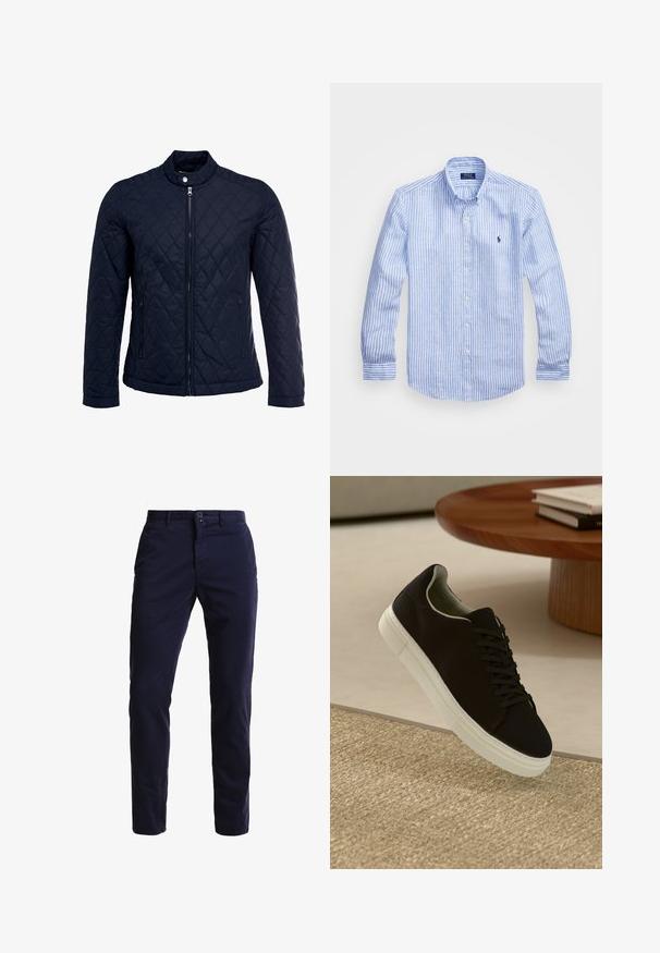 Námořnická prošívaná bunda s vysokým límcem, plným zipem a dvěma bočními kapsami. Materiál má hladkou texturu s diamantovým vzorem.; Modrá a bílá pruhovaná košile s dlouhým rukávem vyrobená z bavlny, s límcem na knoflíky, předními knoflíky a malým vyšitým logem na hrudi.; Námořnické modré chino kalhoty vyrobené z bavlněné směsi, s rovnými nohavicemi, předními kapsami, zipem na klínu a jedním knoflíkem v pase.; Černé tenisky s bílou podrážkou plující nad béžovým texturovaným kobercem poblíž kulatého dřevěného stolu se stohovanými knihami.
