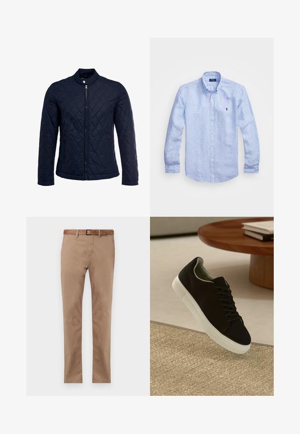 Veste matelassée bleu marine avec col montant, fermeture éclair sur le devant et deux poches latérales. Le matériau a une texture lisse avec des motifs en losange.; Chemise à rayures bleues et blanches à manches longues en coton, dotée d'un col boutonné, de boutons sur le devant et d'un petit logo brodé sur la poitrine.; Chino en coton beige avec une coupe droite, doté d'une ceinture en cuir marron, de deux poches avant et d'une texture lisse.; Baskets noires avec semelle blanche flottant au-dessus d'un tapis texturé beige, près d'une table en bois ronde avec des livres empilés.