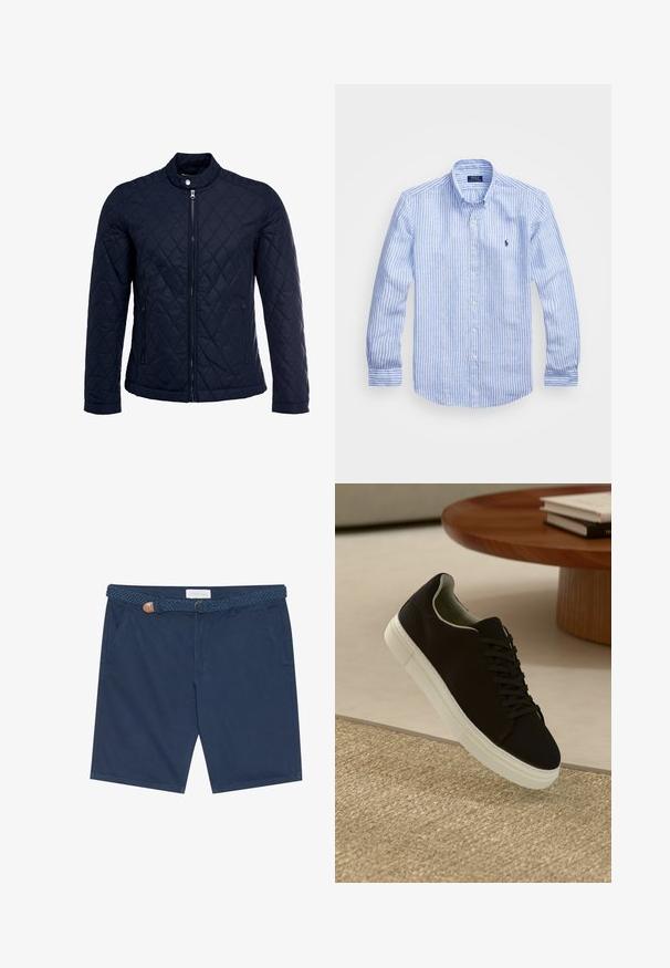 Tamsiai mėlynas užsegamas dubliažinis švarkas su stovinčiu apykakliu, visiškai užtraukiamas priekyje, ir dviem šoninėmis kišenėmis. Medžiaga turi lygią tekstūrą su deimantiniais raštais.; Mėlynos ir baltos dryžuotos ilgomis rankovėmis medvilninė marškiniai, turintys sagtelę ant apykaklės, priekinius mygtukus ir mažą išsiuvinėtą logotipą krūtinėje.; Tamsiai mėlynos medvilninės šortai, su pintu diržu ir rudos odos akcentu, šoninėmis kišenėmis ir tiesiu kirpimu.; Juodas sportinis batelis su baltu padu, lekiančius virš smėlio spalvos tekstūruoto kilimo šalia apvalaus medinio stalo su sukrautomis knygomis.