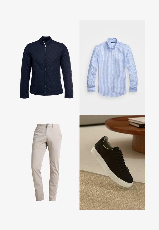 Marinefarbenes wattiertes Jackett mit Stehkragen, durchgehendem Reißverschluss und zwei seitlichen Taschen. Das Material hat eine glatte Textur mit Rautenmuster.; Blau-weißer gestreifter Langarmshirt aus Baumwolle mit einem Button-Down-Kragen, Frontknöpfen und einem kleinen gestickten Logo auf der Brust.; Helle beige Hose aus einem Baumwollmischgewebe. Gerade geschnittenes Design mit einem vorderen Knopfverschluss und seitlichen Taschen. Glatte Textur.; Schwarze Sneakers mit weißer Sohle, die über einem beige strukturierten Teppich schweben, in der Nähe eines runden Holztisches mit gestapelten Büchern.