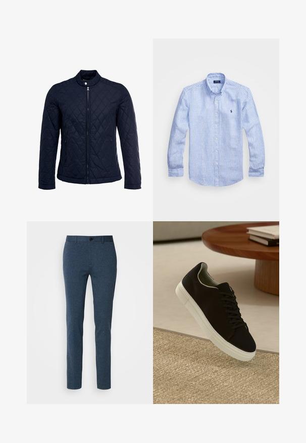Navy quilted jacket featuring a stand-up collar, full front zip, and two side pockets. Material has a smooth texture with diamond patterns.; Blue and white striped long-sleeve shirt made of cotton, featuring a button-down collar, front buttons, and a small embroidered logo on the chest.; Dark blue, tailored trousers made of textured fabric. Features a front button closure and a slim fit. Plain design with no visible patterns.; Black sneaker with white sole floating above beige textured rug near round wooden table with stacked books.