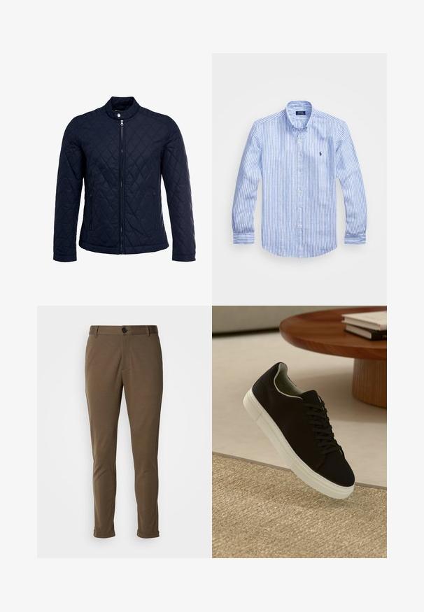 Marineblauwe gewatteerde jas met een staande kraag, volledige ritssluiting aan de voorkant en twee zijzakken. Materiaal heeft een gladde textuur met ruitpatronen.; Blauw-wit gestreept overhemd met lange mouwen van katoen, met een button-down kraag, knopen aan de voorkant en een klein geborduurd logo op de borst.; Bruine, op maat gemaakte broeken met een gladde textuur, voorzien van een knoopsluiting en opgerolde mouwen. Ontworpen met een slim fit en functionele zakken.; Zwarte sneaker met witte zool die boven een beige gestructureerd tapijt zweeft, nabij een ronde houten tafel met gestapelde boeken.