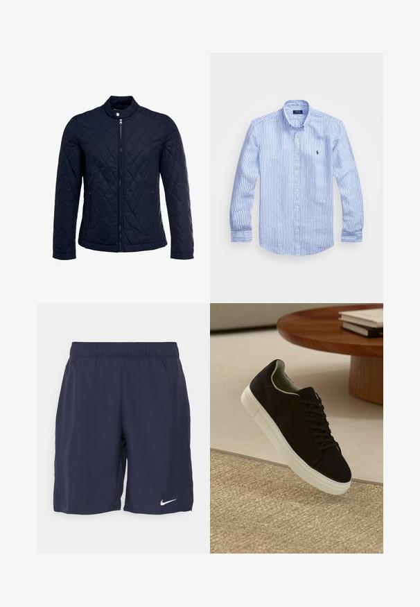 Navy quilted jacket featuring a stand-up collar, full front zip, and two side pockets. Material has a smooth texture with diamond patterns.; Blue and white striped long-sleeve shirt made of cotton, featuring a button-down collar, front buttons, and a small embroidered logo on the chest.; Navy athletic shorts made of smooth fabric, featuring an elastic waistband and a white Nike logo on the lower left leg.; Black sneaker with white sole floating above beige textured rug near round wooden table with stacked books.