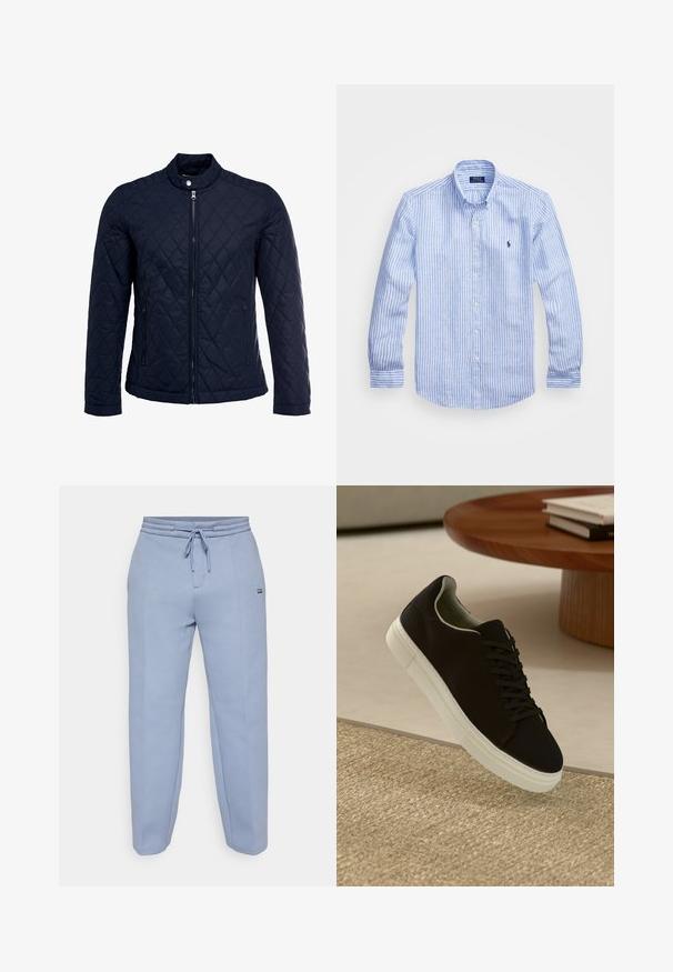 Tamsiai mėlynas užsegamas dubliažinis švarkas su stovinčiu apykakliu, visiškai užtraukiamas priekyje, ir dviem šoninėmis kišenėmis. Medžiaga turi lygią tekstūrą su deimantiniais raštais.; Mėlynos ir baltos dryžuotos ilgomis rankovėmis medvilninė marškiniai, turintys sagtelę ant apykaklės, priekinius mygtukus ir mažą išsiuvinėtą logotipą krūtinėje.; Šviesiai mėlyni sportiniai džinsai, pagaminti iš minkštos medžiagos, su raišteliu juosmens dalyje ir laisvu siluetu su siaurėjančiomis kojomis.; Juodas sportinis batelis su baltu padu, lekiančius virš smėlio spalvos tekstūruoto kilimo šalia apvalaus medinio stalo su sukrautomis knygomis.