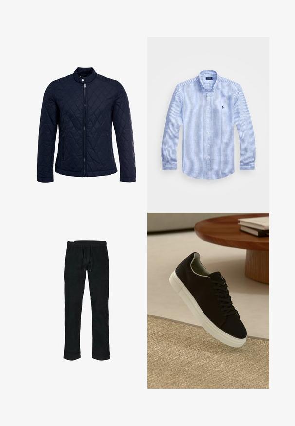 Navy quilted jacket featuring a stand-up collar, full front zip, and two side pockets. Material has a smooth texture with diamond patterns.; Blue and white striped long-sleeve shirt made of cotton, featuring a button-down collar, front buttons, and a small embroidered logo on the chest.; Black corduroy pants with elastic waistband, adjustable drawstring, tapered legs, and subtle vertical ribbed texture.; Black sneaker with white sole floating above beige textured rug near round wooden table with stacked books.